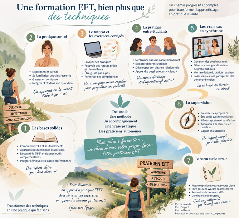 Parcours de formation EFT : pratique sur soi, tutorat, pratique entre étudiants, supervision de cas réels et autonomie du praticien.